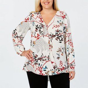 Alfani Womens Plus White Floral High-Low Draped Surplice V-Neck Long Sleeve Top